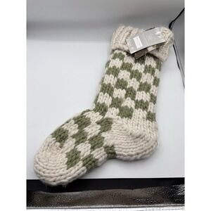 The Farmhouse Hand knit Checkered Christmas Stocking Green Beige 22" NWT
